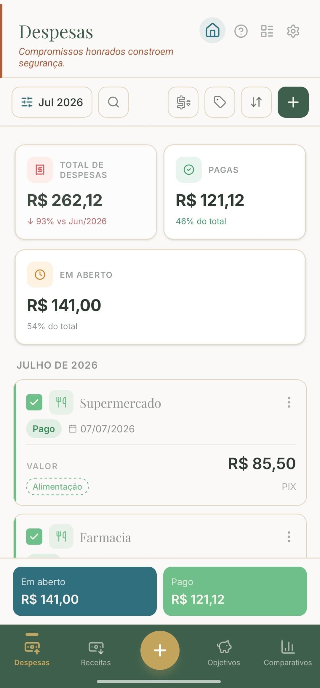 Tela de despesas do Florim com totais pagos e em aberto