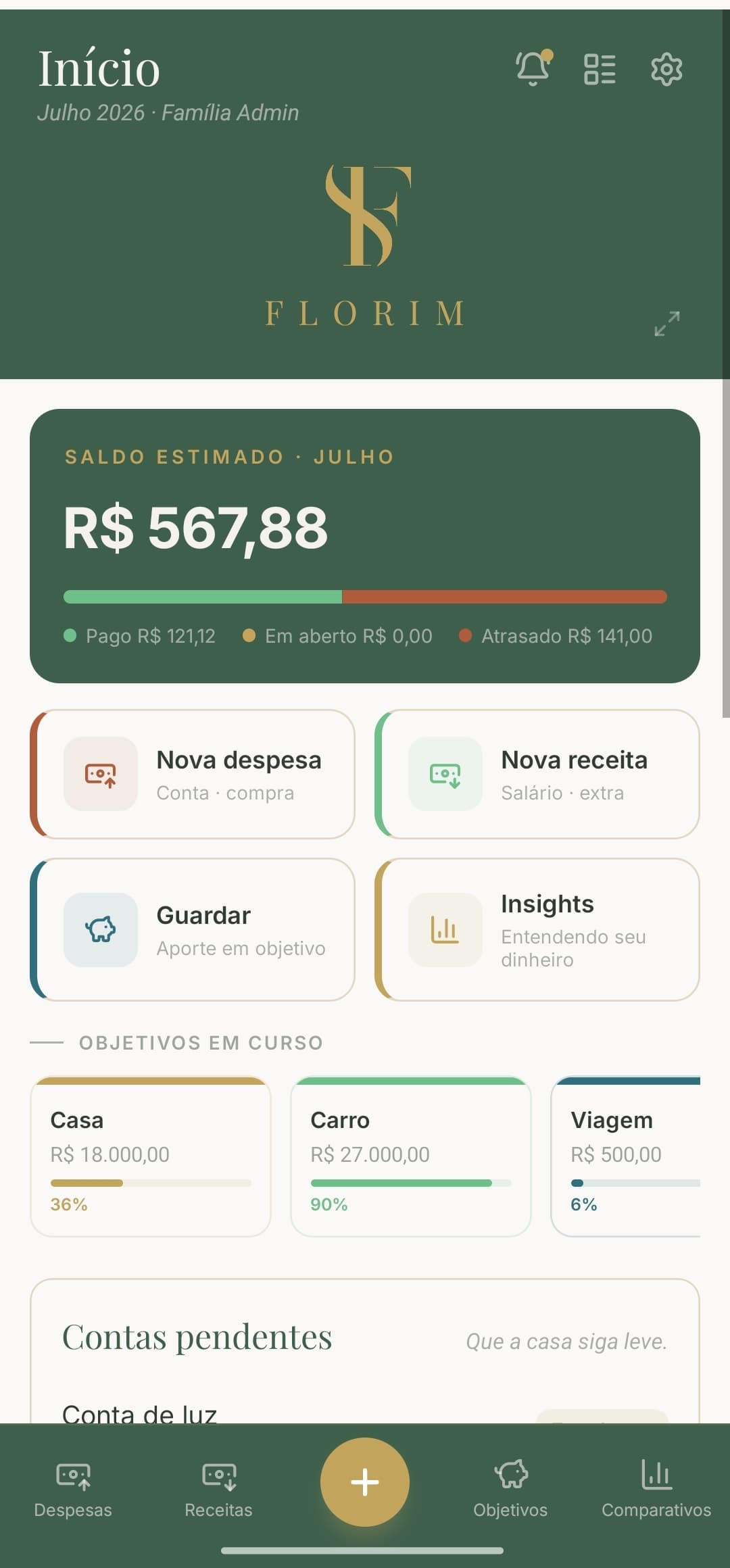 Tela de início do Florim mostrando saldo estimado, contas pendentes e objetivos