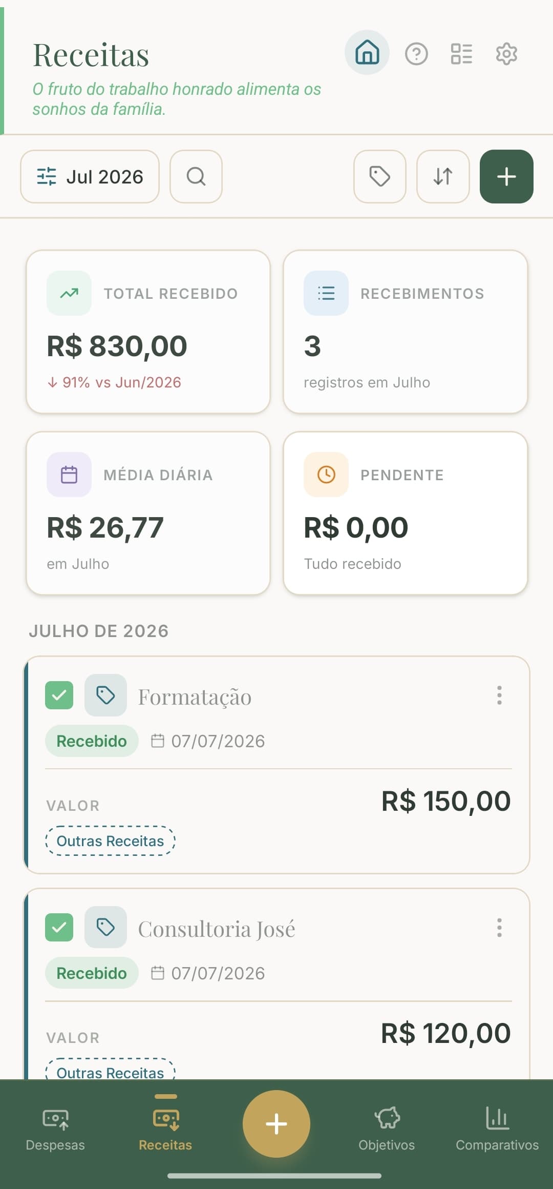 Tela de receitas do Florim com total recebido e média diária