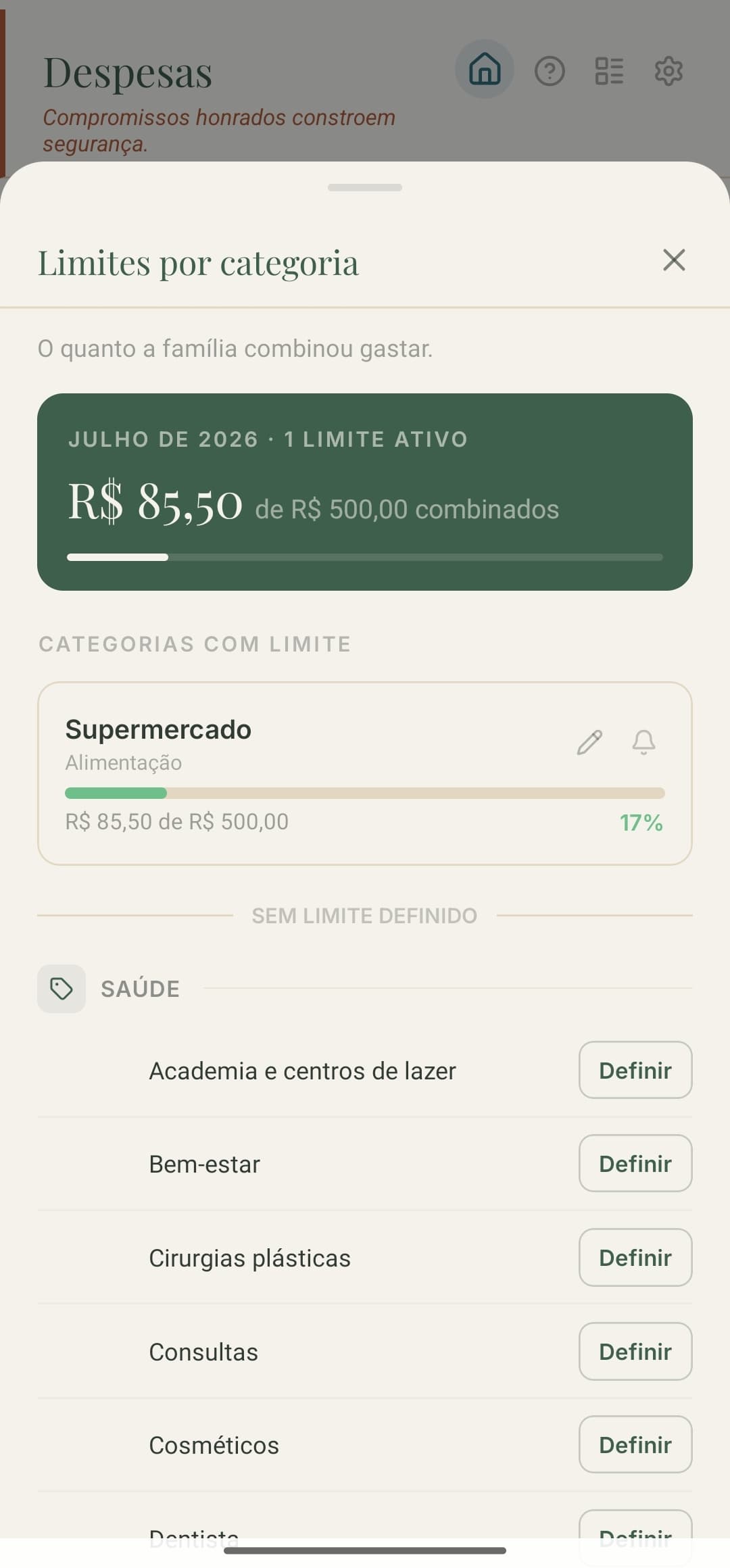 Tela de limites por categoria do Florim