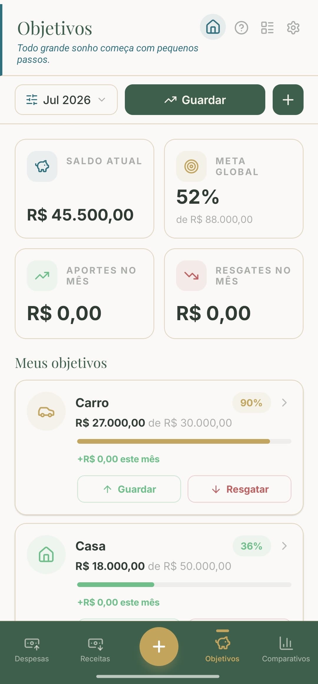 Tela de objetivos do Florim com metas de casa, carro e viagem