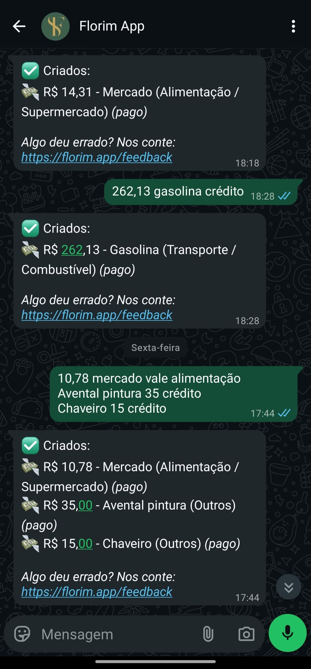 Conversa no WhatsApp com o Florim registrando despesas automaticamente